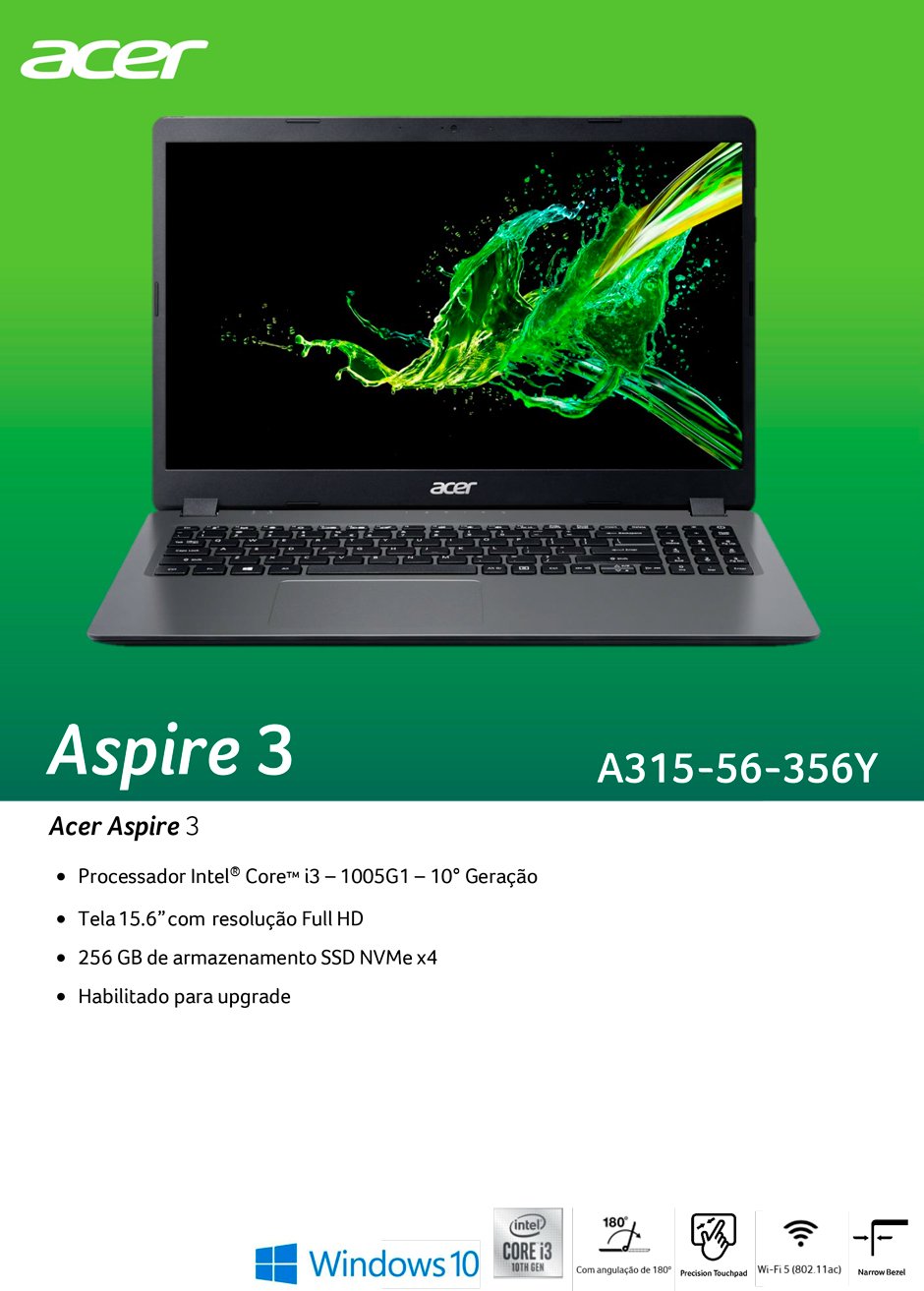 Conteúdo informativo Notebook Acer Aspire 3 Windows