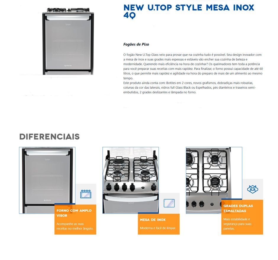 Conteúdo informativo Fogão de Piso Atlas 4 Bocas New Utop Style