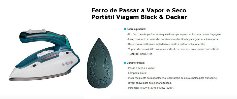Conteúdo informativo Ferro Black & Decker Ferro Portátil Viagem 