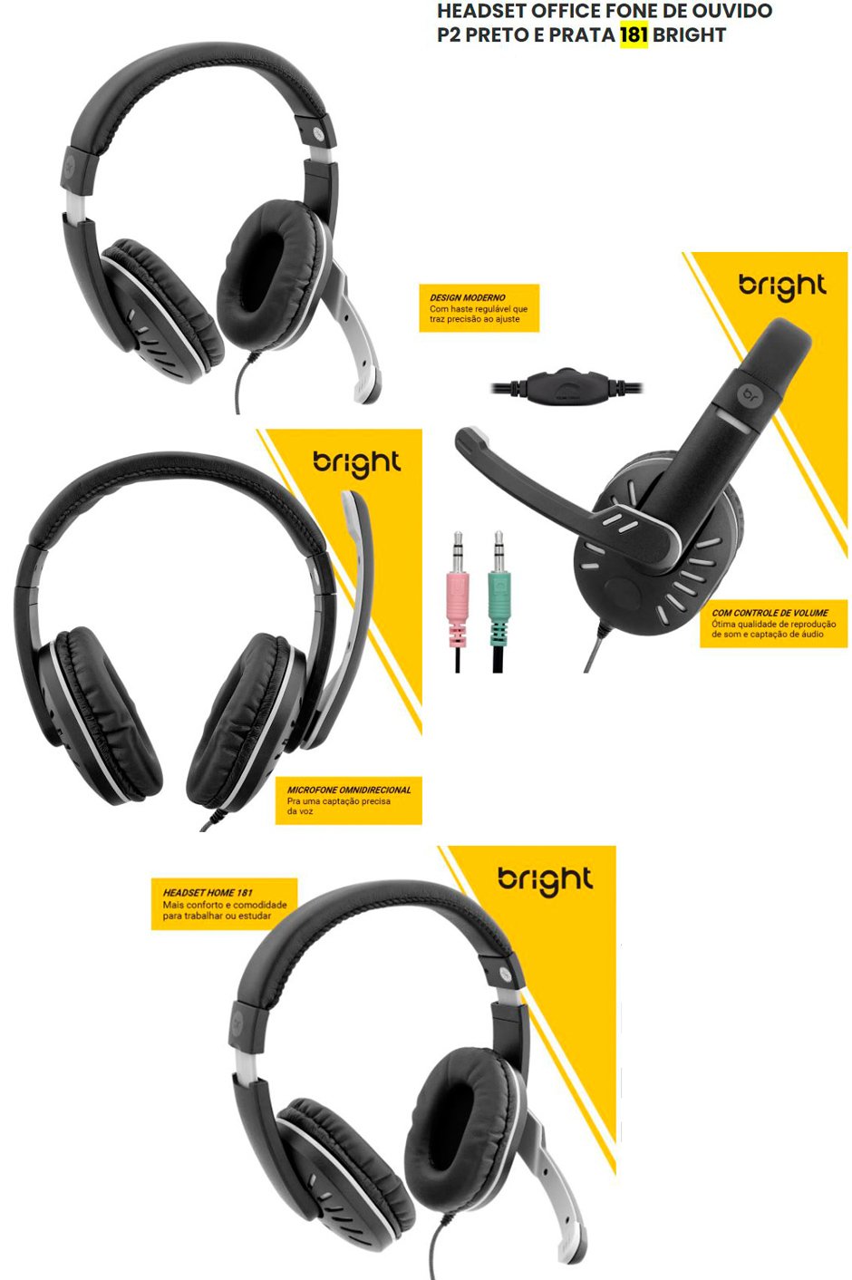 Conteúdo informativo Headset Home Bright Haste Regulavel Preto E Prata 181 