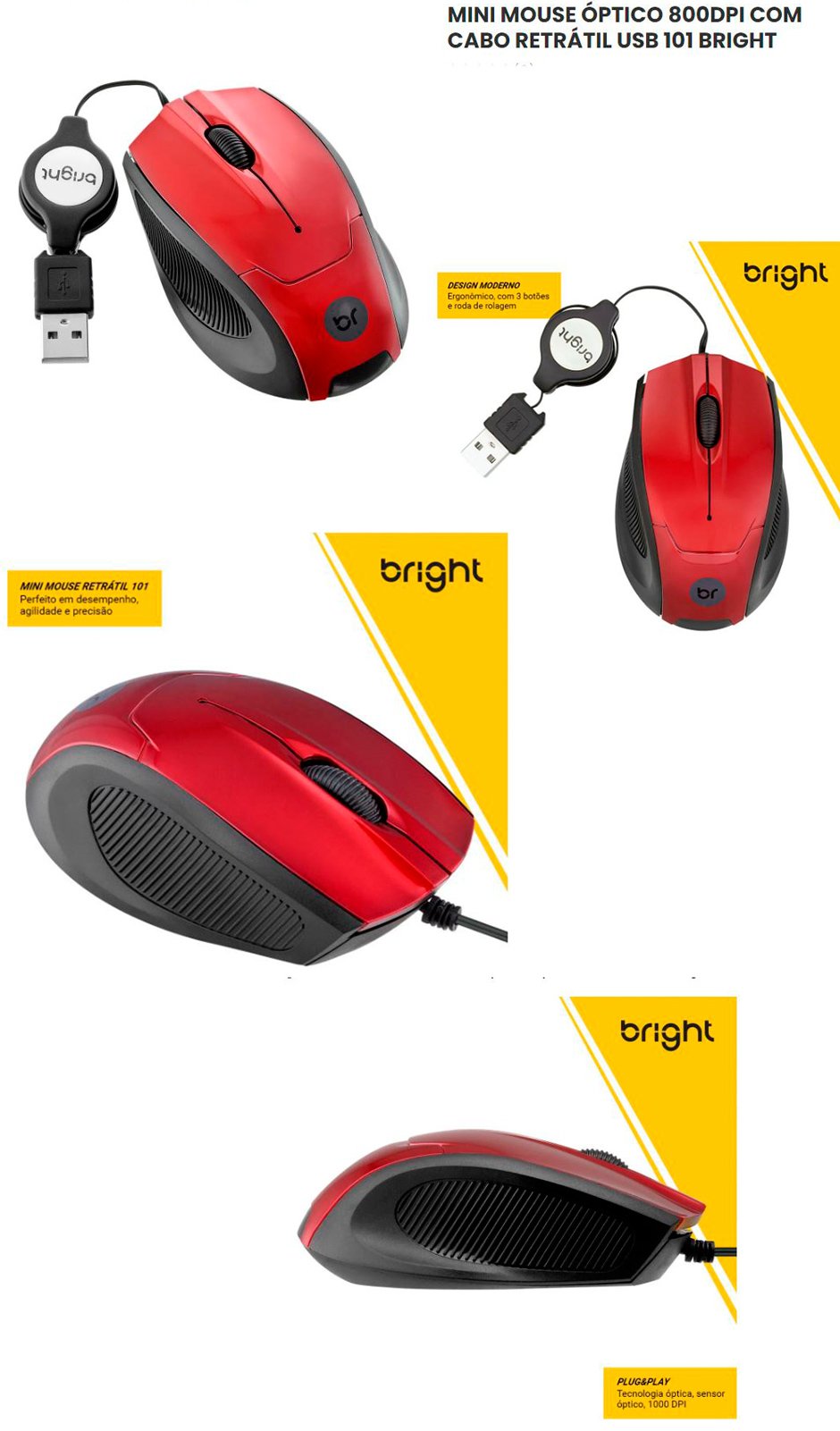 Conteúdo informativo Mini Mouse Bright Retratil Usb Vermelho 101