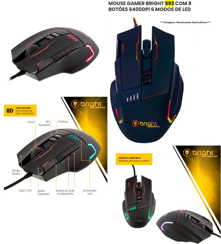 Conteúdo informativo Mouse Gamer Bright 6400dpi 8 Botoes Multi Cores 593