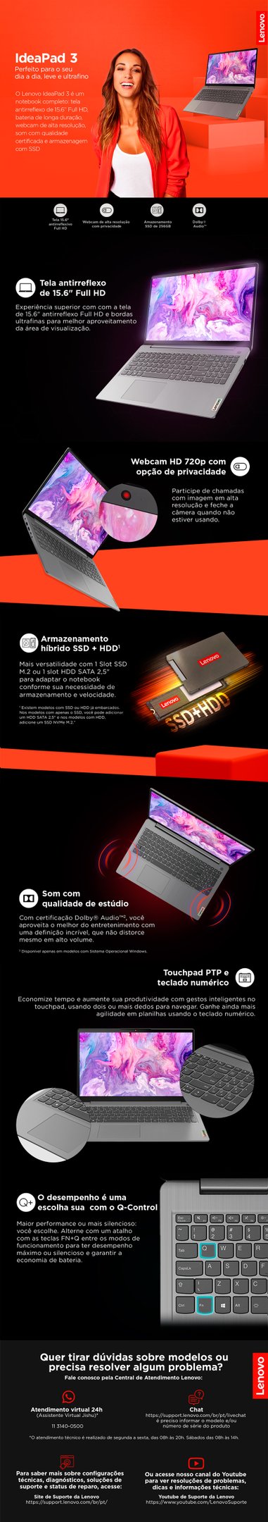 Conteúdo informativo Notebook Lenovo IdeaPad 3i, Tela FHD de 15.6p Linux 