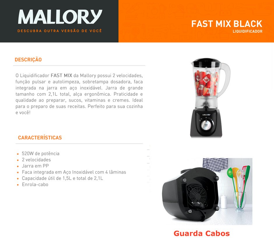 Mallory FAST MIX Blender 520W 2VEL - B91202542 Black 220 VOLTS