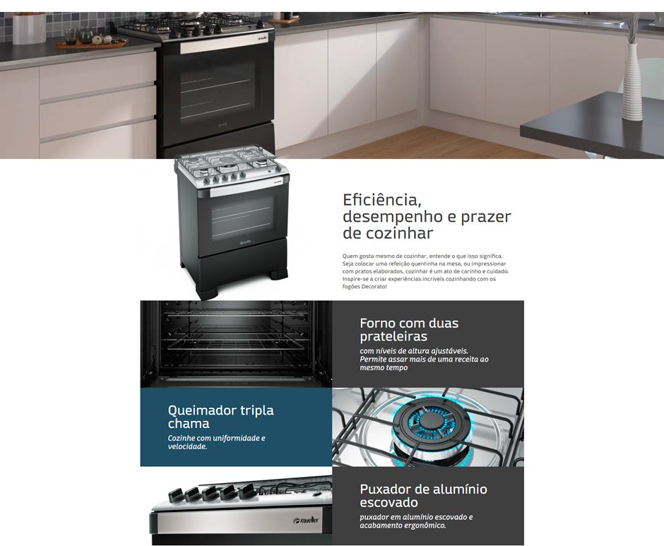 Conteúdo informativo Fogão de Piso Mueller 5 Bocas Decorato Mesa Inox Polido Preto