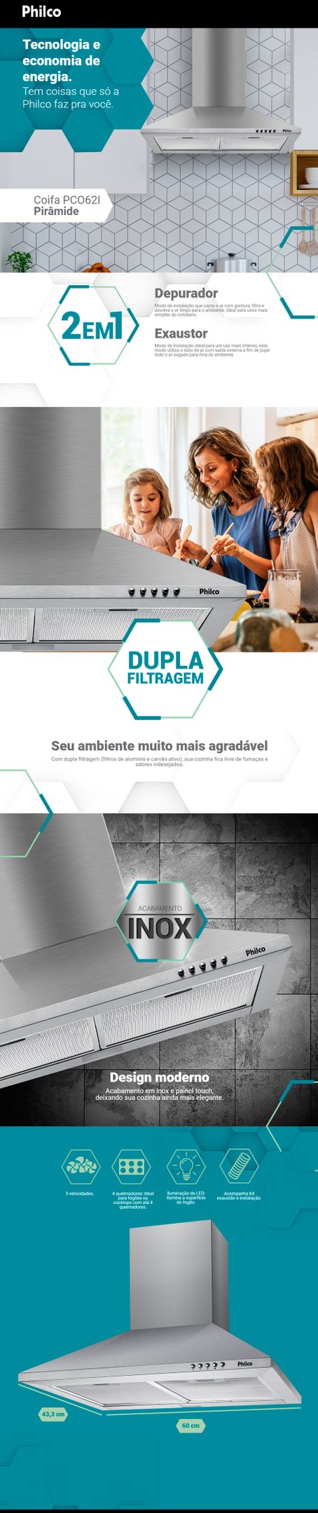 Conteúdo informativo COIFA DE PAREDE 60CM PHILCO PCO62I