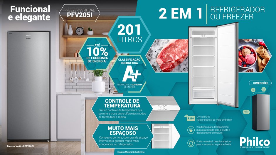 Freezer Vertical Philco 201 Litros PFV205I, 2 em 1, Classe A, Inox