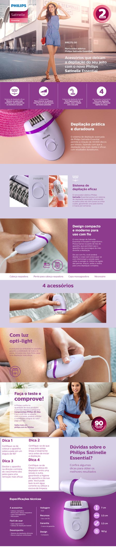 Conteúdo informativo Depilador Compacto Satinelle Essential Philips BRE275/00 com Fio Lavável e Bivolt