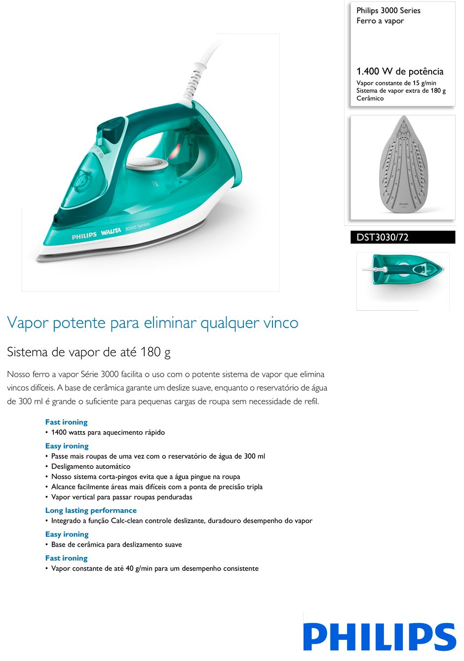 Conteúdo informativo Ferro a Vapor Philips/Walita DST3072
