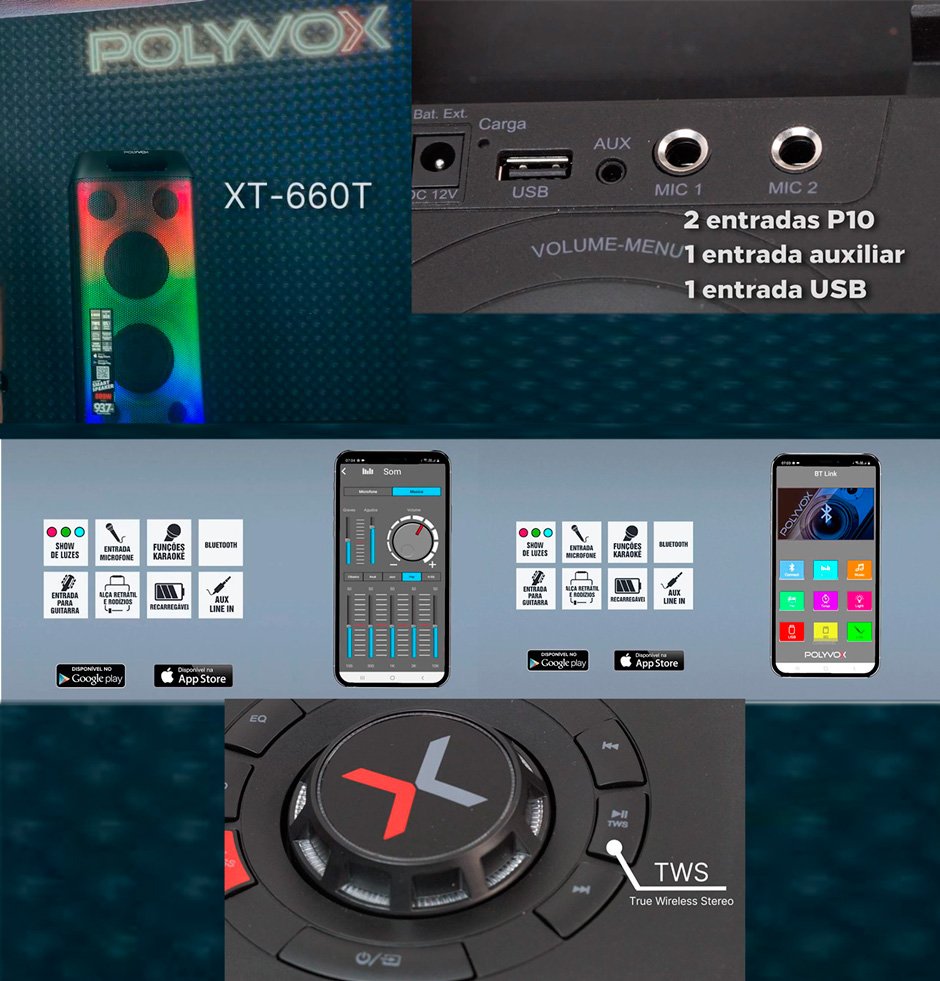 Conteúdo informativo Caixa Som Polyvox XT660T 800W 