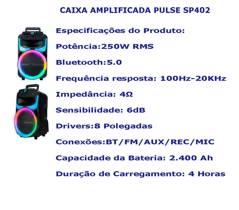 Caixa Amplificada Pulse Burst SP402 250W Burst 8P, Bluetooth/SD/USB/FM ...