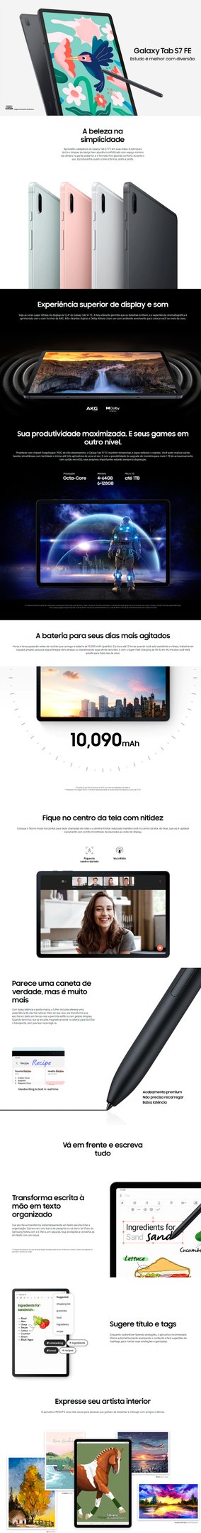 Conteúdo informativo Tablet Samsung Galaxy Tab S7 FE