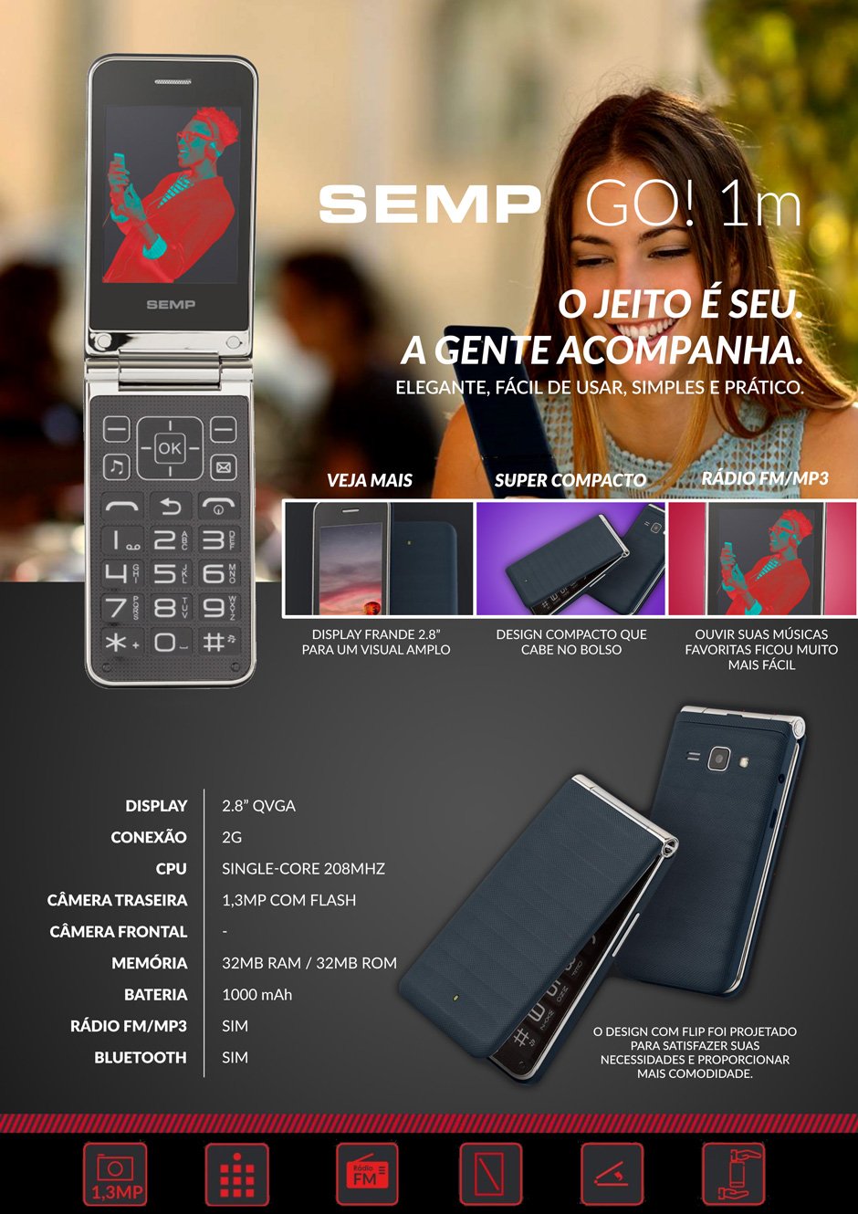 Conteúdo informativo Celular Flip SEMP GO! 1m